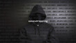 Cyber attack eavesdropping text in foreground screen, anonymous hacker hidden with hoodie in the blurred background. Vulnerability text in binary system code on editor program.