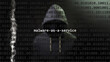 Cyber attack malware-as-a-service text in foreground screen, anonymous hacker hidden with hoodie in the blurred background. Vulnerability text in binary system code on editor program.
