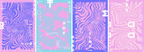 Fototapeta Tęcza - 4 pastel-colored vertical banners in a vector, minimalistic style, using simple shapes, fluid lines, wavy patterns, lines, and waves in pink, blue, and purple colors.
