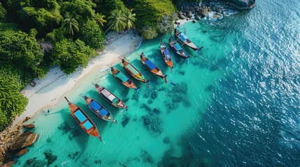 Sticker - Aerial view of long tail boats docked along the white sandy shores. Generative AI.