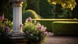 Doric column anchors serene garden hedges and flowers in harmony