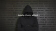 Cyber attack supply-chain attack text in foreground screen, anonymous hacker hidden with hoodie in the blurred background. Vulnerability text in binary system code on editor program.