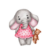 Fototapeta Pokój dzieciecy - Cute elephant girl with teddy bear; watercolor hand drawn illustration