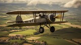 Fototapeta  - Biplane adventure in 1920s countryside pilot performs acrobatics