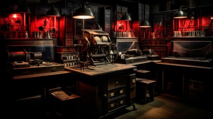Fototapete - Photographer's 1920s darkroom developing photographs red light