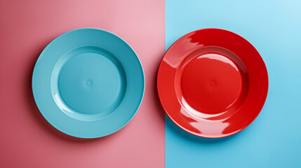 Poster - A blue and pink plate with a red background. dinner plates and items plastic plates on a 50 percent by 50 percent split on design, background color