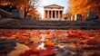 Autumn peak at Greek temple leaves blanket steps seasonal aura