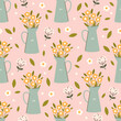 Seamless vector pattern with abstract flowers in a jug. Hand drawn bouquet in flat style with line details on pink background. Country floral wallpaper, wrapping paper