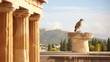 Greek temple seen through the eyes of an owl on a column