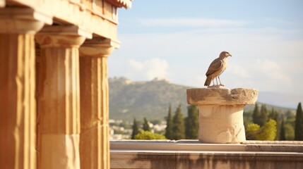 Wall Mural - Greek temple seen through the eyes of an owl on a column
