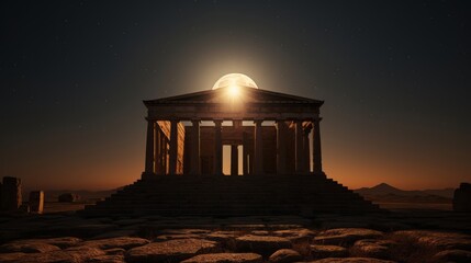 Canvas Print - Solar eclipse casts eerie light on Greek temple moon obscures sun
