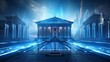 Greek temple in cyberpunk future adorned with neon lights and holograms