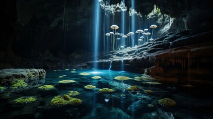 Wall Mural - Underground cave holds Greek temple lit by bioluminescent fungi waterfalls