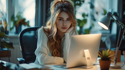 Poster - Young pretty woman working in the office. Generative AI.