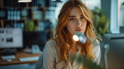 Poster - Young pretty woman working in the office. Generative AI.