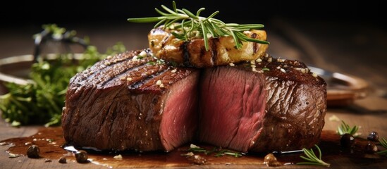 Sticker - A closeup image of a beef steak placed on a wooden cutting board, showcasing a key ingredient for many delicious meatbased dishes and recipes