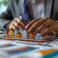 Poster - An experienced real estate professional demonstrating an electronic real estate market analysis chart on a handheld device.
