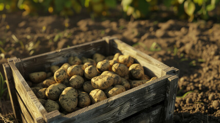 Sticker - Freshly harvested potatoes in a wooden crate amidst fertile soil.