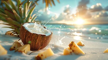 Juicy coconut and pineapple water on sand, palm tree. Generative AI.