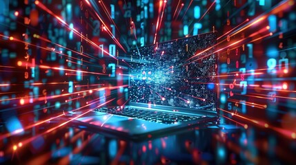 Aufkleber - Laptop, background with glowing technological effect, numbers and bits flying fast around it symbolizing speed, deep blue color background. Generative AI.