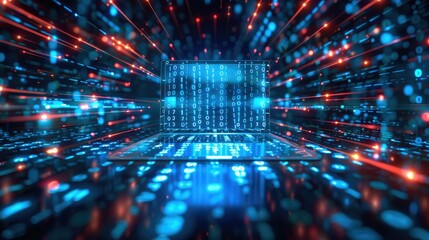 Aufkleber - Laptop, background with glowing technological effect, numbers and bits flying fast around it symbolizing speed, deep blue color background. Generative AI.