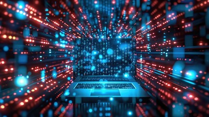 Aufkleber - Laptop, background with glowing technological effect, numbers and bits flying fast around it symbolizing speed, deep blue color background. Generative AI.