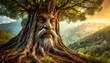 Old twisted roots coming out of the ground, transforming into the face of an old man with a beard and mustache and a large tree. On background a landscape with a forest at sunset. Generative Ai.