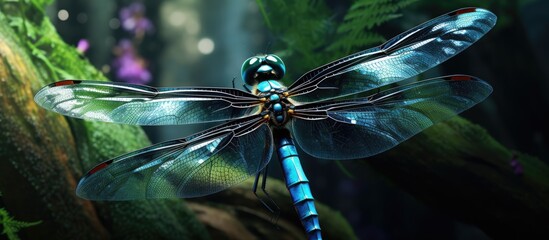 Canvas Print - An electric blue dragonfly, an arthropod invertebrate, perched on a tree branch in the woods. This magical event captured in stunning macro photography amidst the darkness