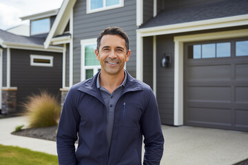 Smiling hispanic man in front of new modern house, real estate broker standing outside house or luxury life concept