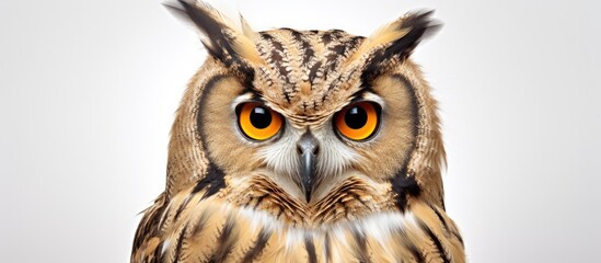 Canvas Print - A close up of an Eastern Screech owls face, with detailed features like its hairlike feathers, sharp beak, and piercing eyes, set against a clean white background