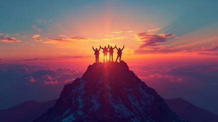 silhouette back group of man team celebrating success on top mountain, sky and sunset background. bu