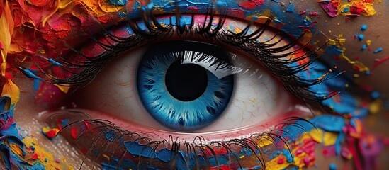 Wall Mural - A closeup of a womans eye with vibrant violet and electric blue paint, emphasizing the eyelash, iris, and eye shadow to create an artistic circle of azure colors on the human body