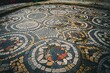 Colorful artistic mosaic pavement design with abstract geometric pattern, handcrafted tiles, and ornate detailing for outdoor walkways and pathways in urban parks and gardens