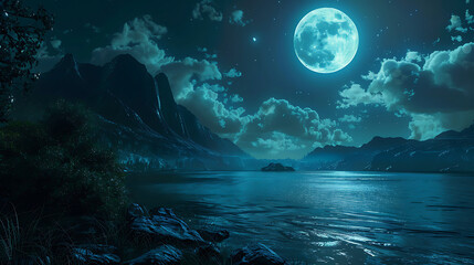 moonlight night view at a beautiful fantasy unreal landscape. generative ai