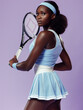 Female tennis player posing with racket, getting ready for competitive match and looking sporty on lilac studio background. Active, fit and happy professional sports person. sports fashion ad