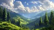 mountain summer landscape. trees near meadow and forest on hillside under  sky with clouds