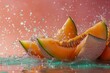 Fresh Cantaloupe Melon Slices with Water Splashes on Vibrant Background - Juicy and Ripe Summer Fruit Concept