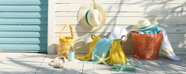 Wall Mural - beach accessories for holidays placed on wooden table.