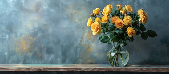 Poster - A flowerpot with yellow roses is placed on a wooden table, enhancing the room with its beauty. The delicate petals of the rose add a touch of nature to the indoor setting