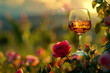 Golden Sunset Glow on Wine Glass and Rose: A Garden Banner