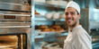 Smiling Professional Chef in Kitchen With Freshly Baked Bread in Oven, banner with copy space