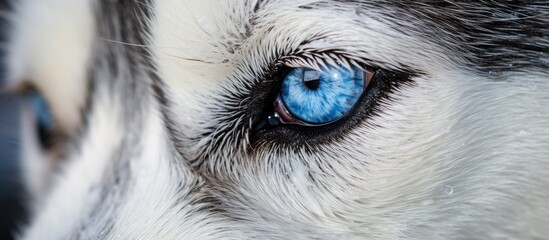 Wall Mural - Closeup of a Siberian Huskys striking blue eye, surrounded by fluffy fur, whiskers, and a pointed ear. The carnivores eye is mesmerizing