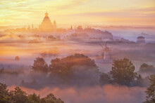 Aerial View Of Ancient Buddhist Temple Complex With Mist And Fog At Dawn, Istra, Moscow Oblast, Russia.