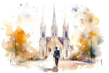 Wall Mural - Watercolor Catholic Church with Groom and Bride Isolated on White, wedding background