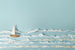 petit voilier en bois miniature navigant sur les vagues blanches en papier de la mer. Fond bleu clair avec espace négatif copy space. Voyages, croisière, navigation, école de voile