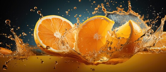 Wall Mural - Rangpur orange slices are dropping into a glass of ambercolored citrus juice, creating a refreshing and tasty fruit drink