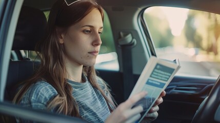 Fototapete - Young woman reading a book in a driverless car. Driverless cars. Self-driving vehicles. Heads-up displays. Automotive technology.