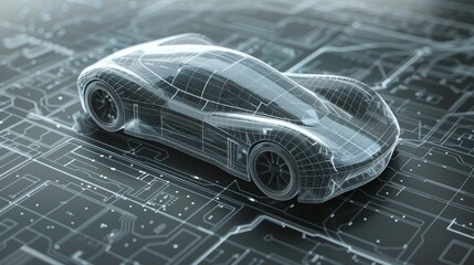 Poster - 3D illustration of a futuristic car with a digital user interface environment.