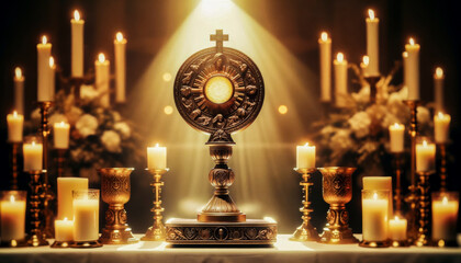 Poster - Blessed Communion Sacrament: Monstrance with Holy Eucharist on Altar with Candlelight.