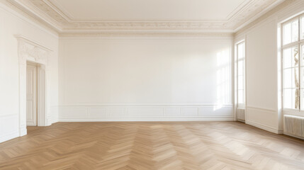 A large, empty room with a white ceiling and white walls. The room is bare and uncluttered, with no furniture or decorations. The space is open and airy